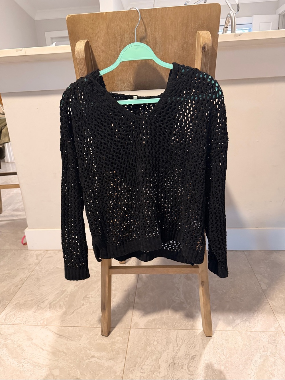 Black Crochet Knit V-Neck Sweater with Hood for Women